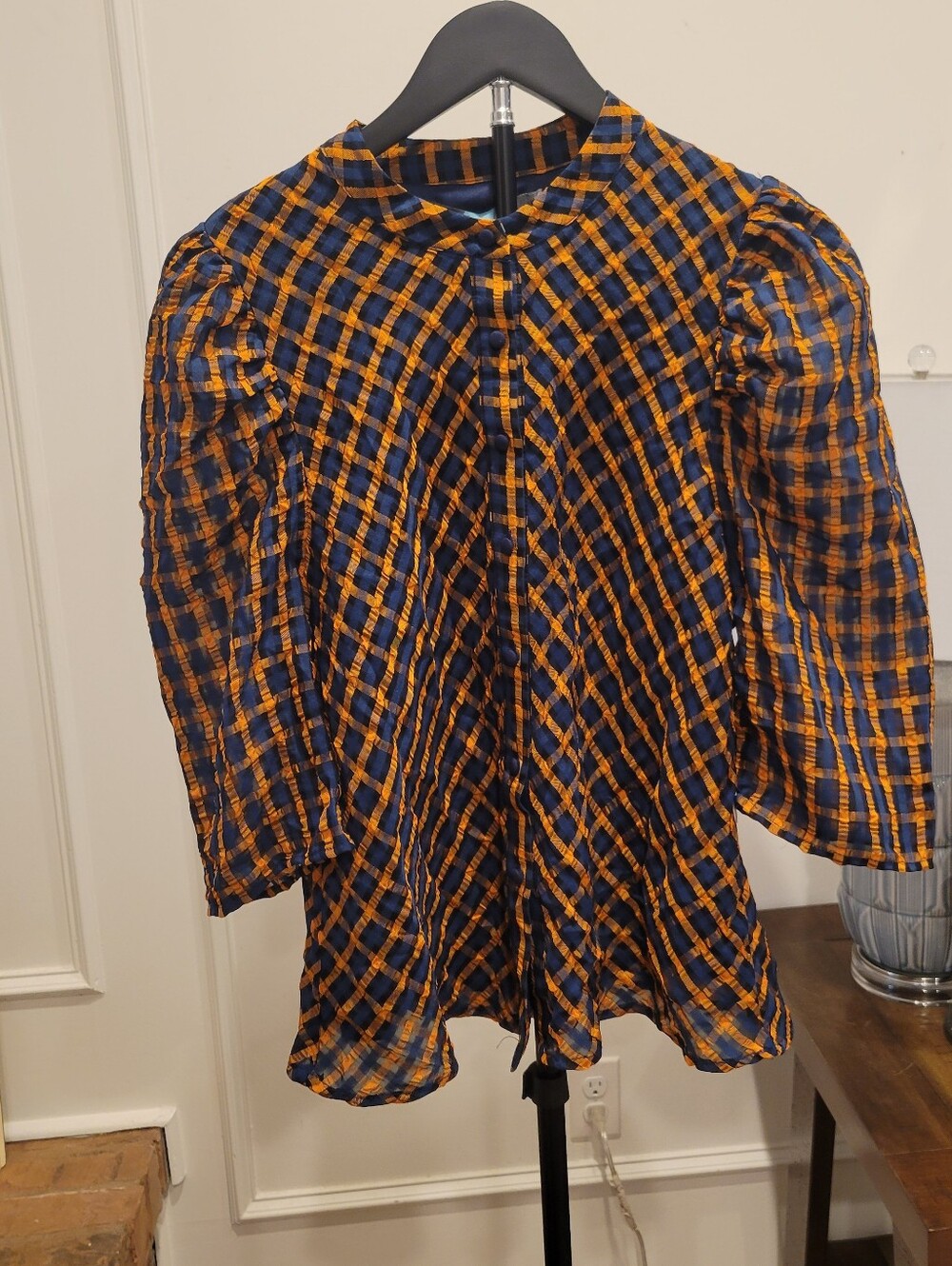 Anthropologie Navy and Orange Plaid Puff-Sleeve Blouse